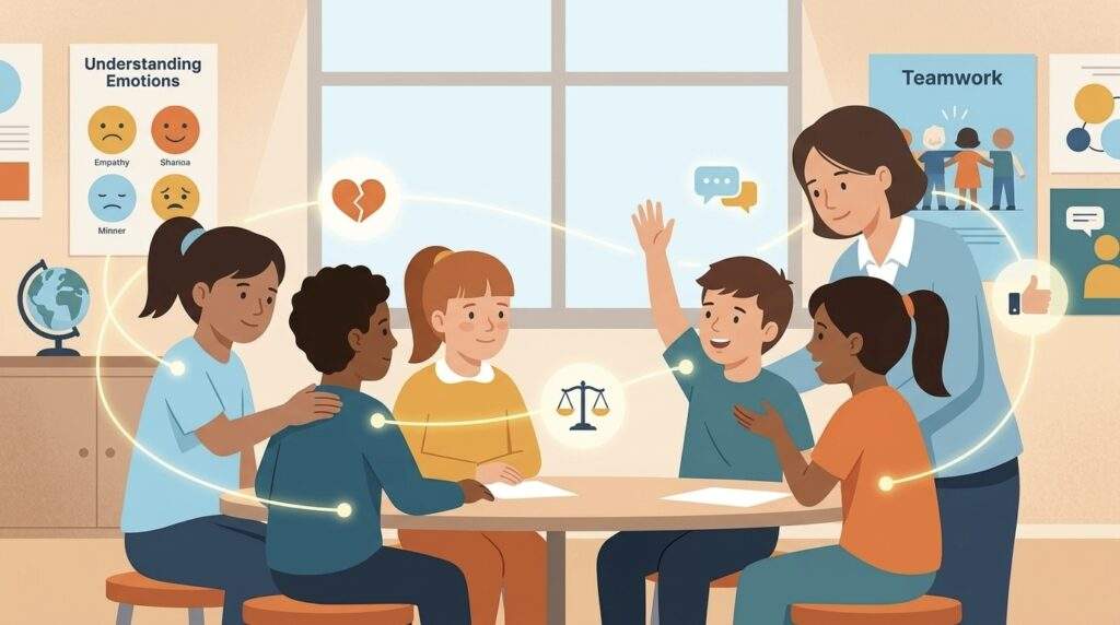 Una ilustración de estilo vector plano que muestra a un grupo diverso de niños de escuela primaria sentados alrededor de una mesa circular con una maestra de pie cerca, todos sonriendo e interactuando de manera positiva. Se ven líneas amarillas brillantes conectando a los niños y a la maestra, con pequeños círculos que contienen iconos como un corazón, una balanza de justicia, un pulgar hacia arriba y burbujas de diálogo. En la pared del aula hay carteles que dicen "Entendiendo las Emociones" y "Trabajo en equipo". Una ventana grande está detrás de ellos.