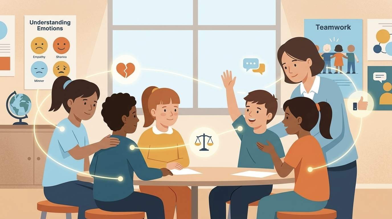 Una ilustración de estilo vector plano que muestra a un grupo diverso de niños de escuela primaria sentados alrededor de una mesa circular con una maestra de pie cerca, todos sonriendo e interactuando de manera positiva. Se ven líneas amarillas brillantes conectando a los niños y a la maestra, con pequeños círculos que contienen iconos como un corazón, una balanza de justicia, un pulgar hacia arriba y burbujas de diálogo. En la pared del aula hay carteles que dicen "Entendiendo las Emociones" y "Trabajo en equipo". Una ventana grande está detrás de ellos.