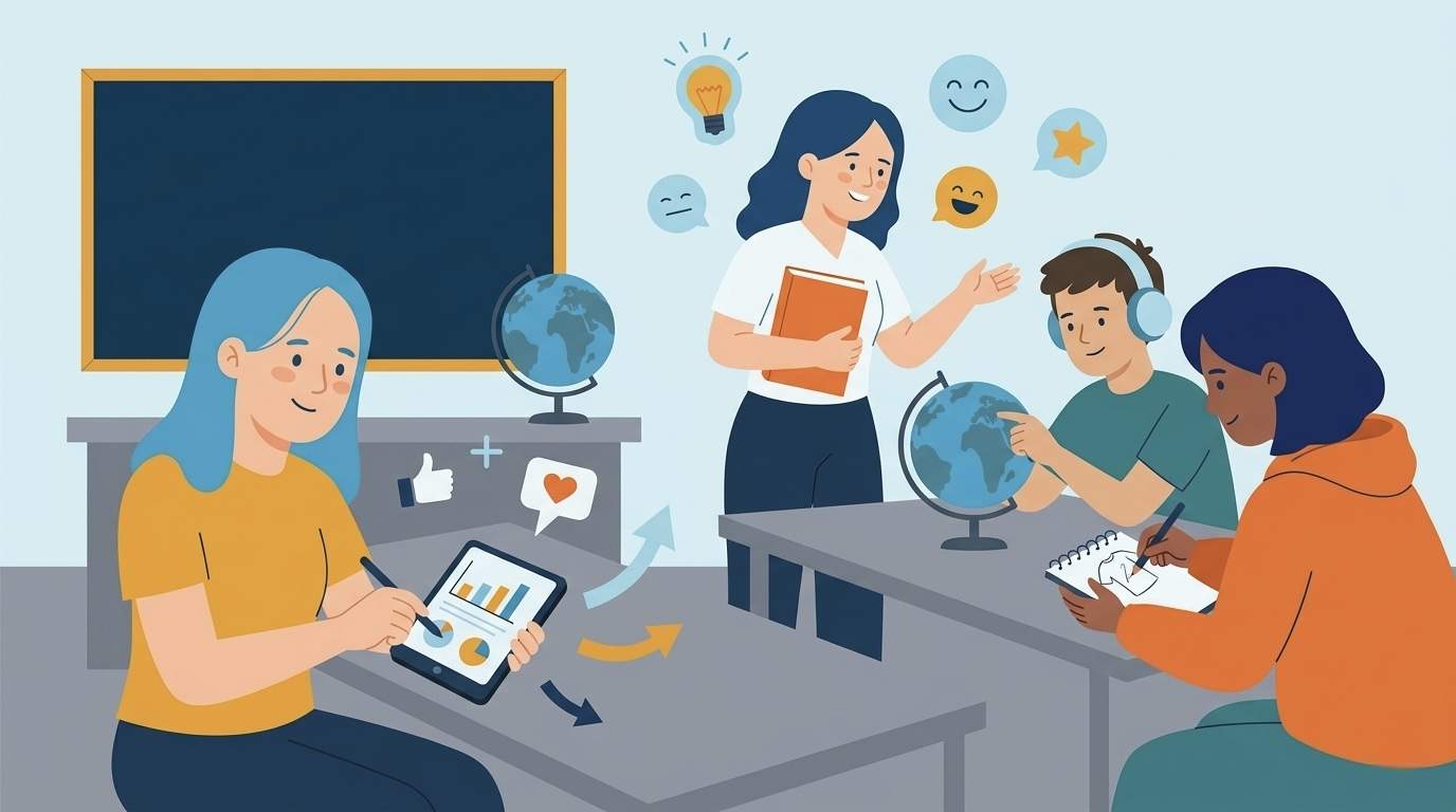 Ilustración vectorial de un aula diversa e inclusiva, con cuatro estudiantes y una maestra colaborando positivamente. Una estudiante usa una tableta para analizar datos, otro estudiante usa audífonos mientras mira un globo terráqueo, y dos más trabajan juntos en un cuaderno. La maestra sonríe, rodeada de iconos flotantes que representan ideas, emociones y aprendizaje. El estilo es plano y minimalista, con una paleta de colores en tonos azules, naranjas y grises.