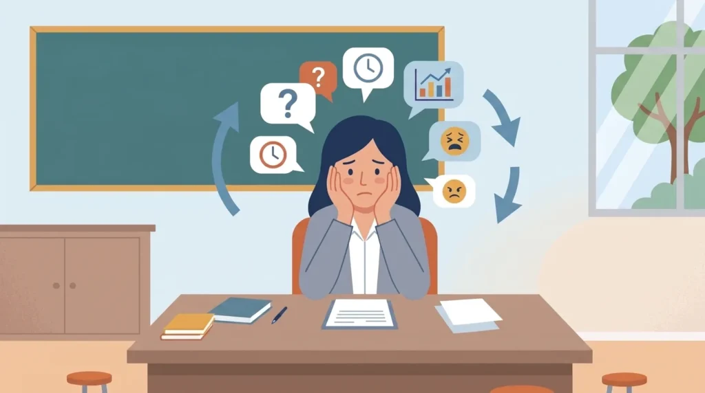 Orientadora vocacional agobiada en su escritorio, rodeada de íconos de preguntas, relojes y gráficos que representan la sobrecarga de tareas administrativas en un colegio.