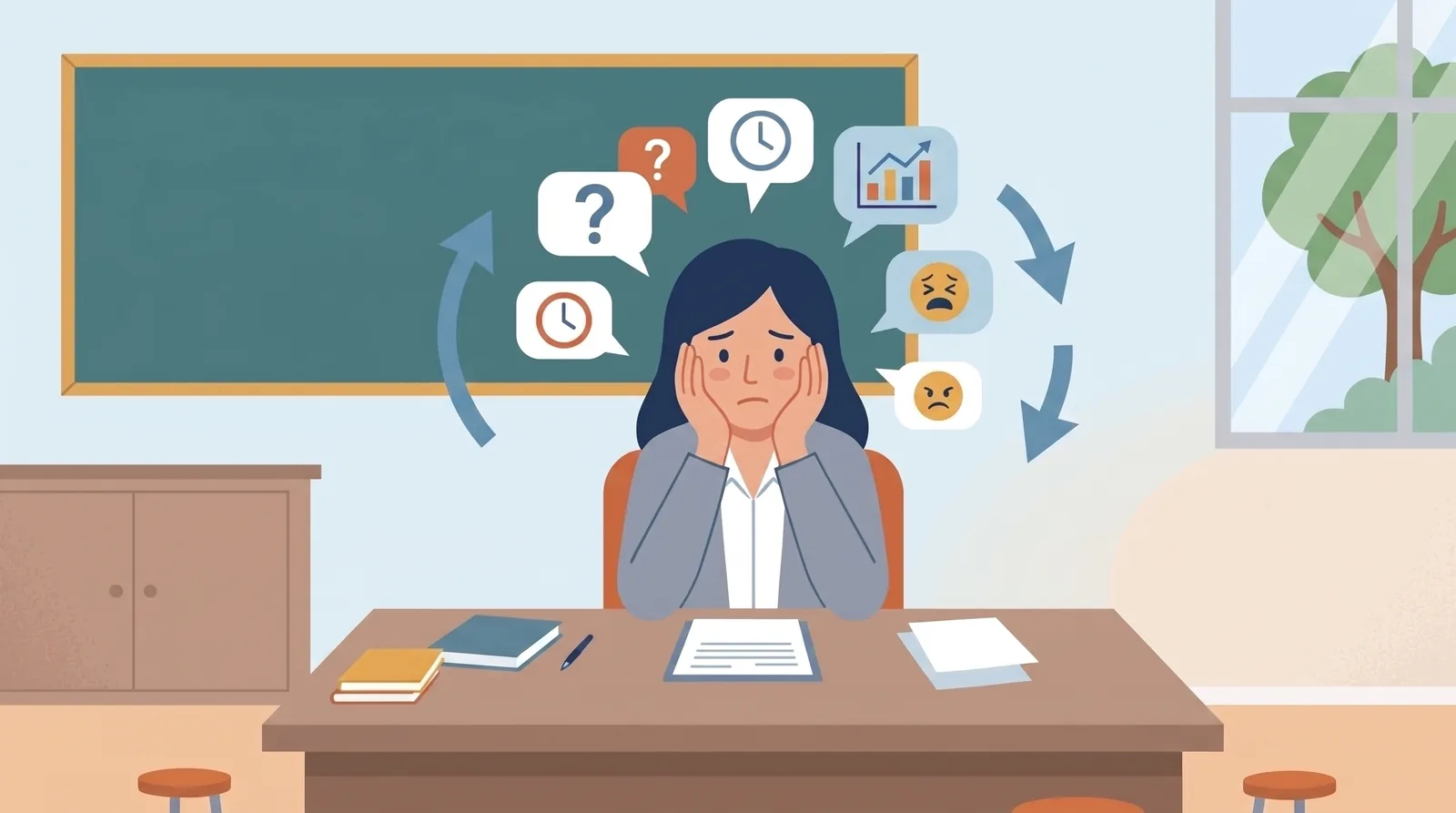 Orientadora vocacional agobiada en su escritorio, rodeada de íconos de preguntas, relojes y gráficos que representan la sobrecarga de tareas administrativas en un colegio.