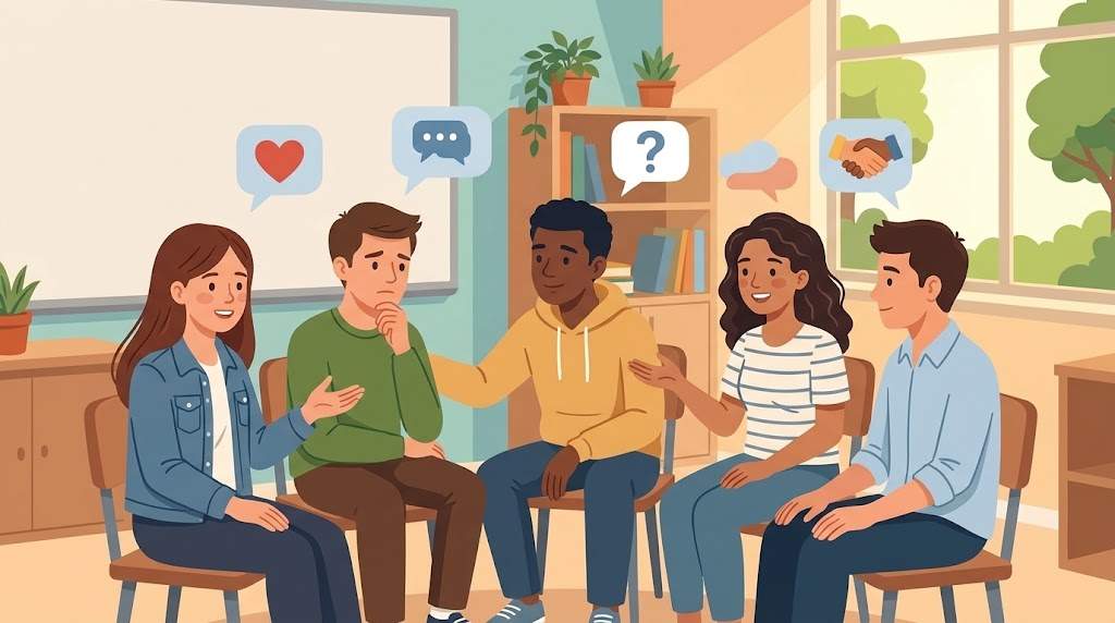 Adolescentes conversando con su orientadora sobre bienestar y elección de carrera